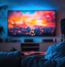 Imagem de uma pessoa sentada em um sofá, assistindo a uma televisão grande em uma sala escura e aconchegante.