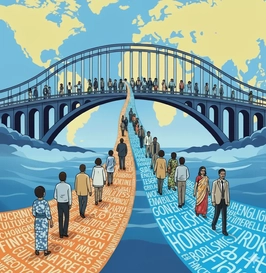 Ilustração representando a ideia de comunicação entre diferentes culturas e idiomas. No centro, há uma ponte arqueada, com várias pessoas caminhando sobre ela. Abaixo, dois caminhos se estendem em direção à ponte: um laranja, coberto de palavras em diversas línguas, e outro azul, também preenchido com palavras em idiomas diferentes. Pessoas de diferentes origens e estilos de vestimenta caminham por esses caminhos em direção à ponte. Ao fundo, vê-se um mapa-múndi em tons de amarelo e azul.