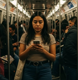 Foto de uma mulher em pé dentro de um vagão de metrô cheio, segurando o celular com as duas mãos e olhando para a tela.