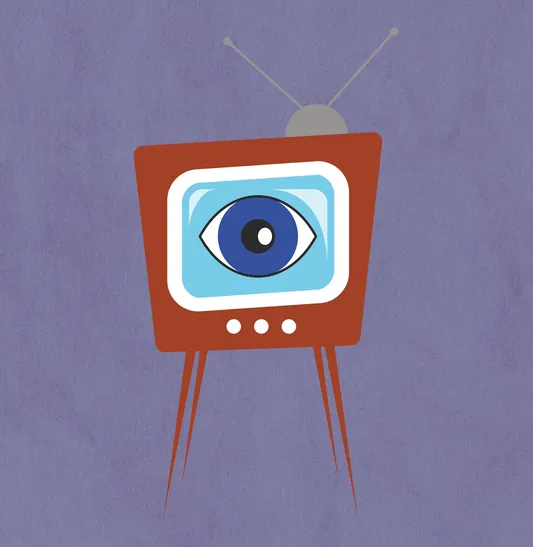 Imagem de uma televisão com o desenho de um olho no monitor