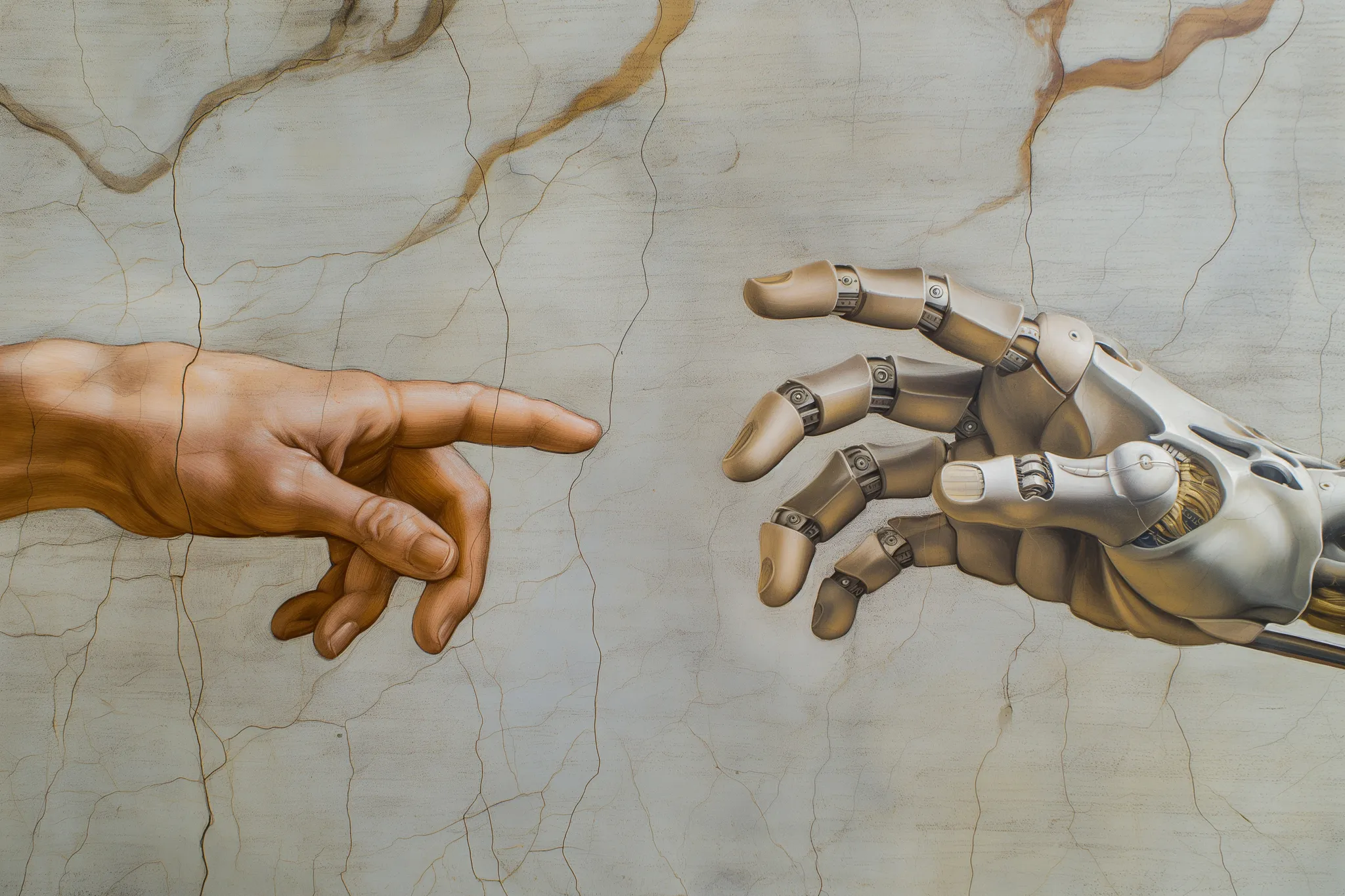 Imagem de uma ilustração inspirada na obra “A Criação de Adão”, de Michelangelo. No lado esquerdo, aparece uma mão humana estendida, com os dedos quase tocando. No lado direito, em vez de outra mão humana, há uma mão robótica, feita de metal e articulada com juntas mecânicas.