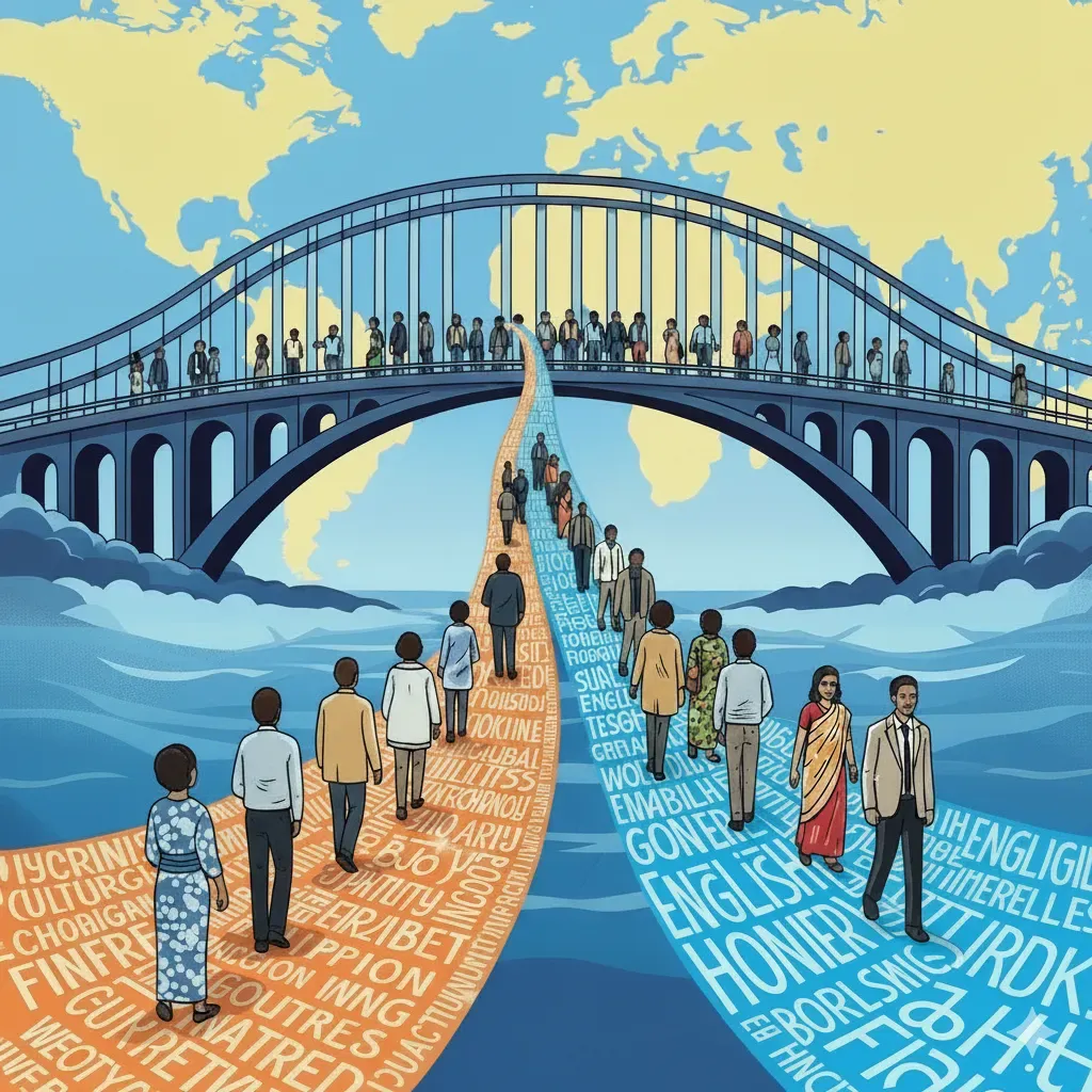 Ilustração representando a ideia de comunicação entre diferentes culturas e idiomas. No centro, há uma ponte arqueada, com várias pessoas caminhando sobre ela. Abaixo, dois caminhos se estendem em direção à ponte: um laranja, coberto de palavras em diversas línguas, e outro azul, também preenchido com palavras em idiomas diferentes. Pessoas de diferentes origens e estilos de vestimenta caminham por esses caminhos em direção à ponte. Ao fundo, vê-se um mapa-múndi em tons de amarelo e azul.